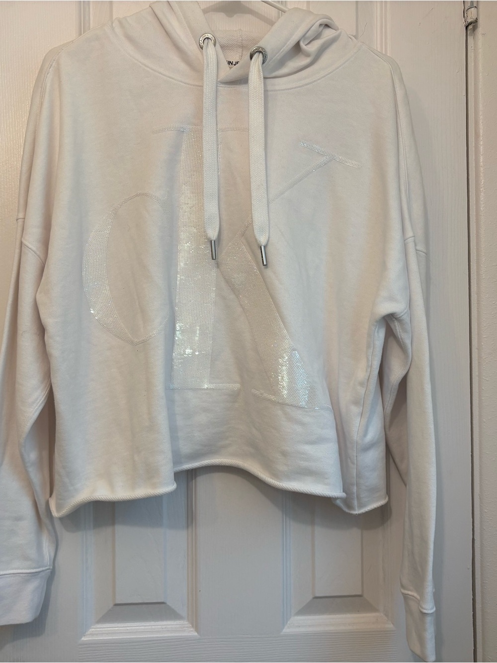 Calvin Klein White Cropped Hoodie with Shimmer Logo